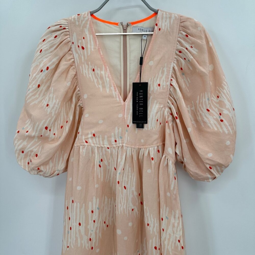 Hunter Bell Abstract Coral Palmer Linen Maxi Dress size XS Puff Sleeve Tiered - Picture 2 of 16